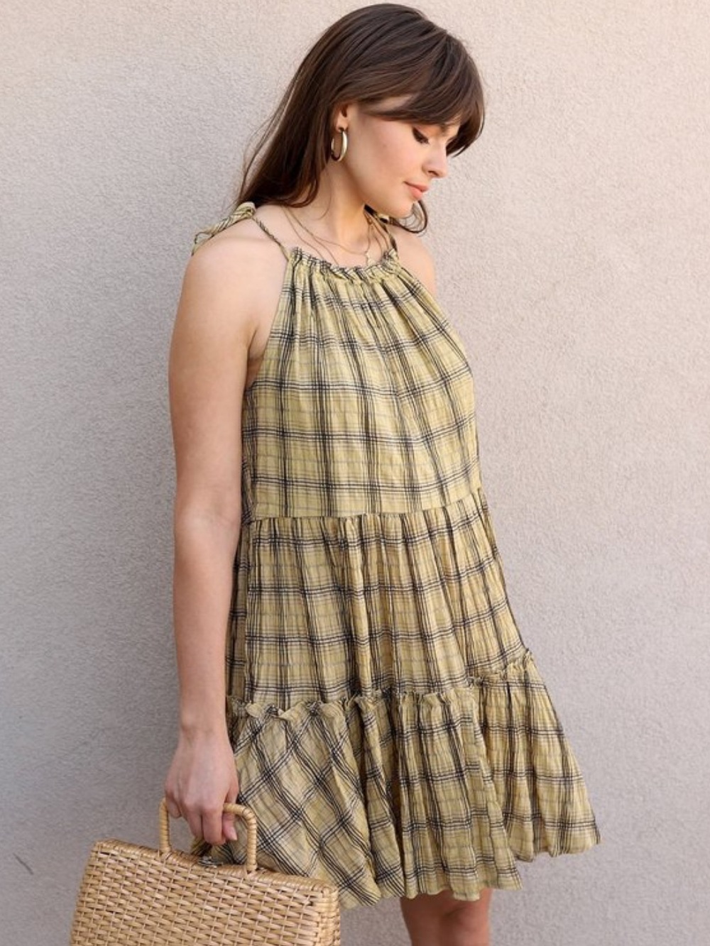 ANTHROPOLOGIE Moon River Tiered Plaid Yellow Cotton Mini Dress